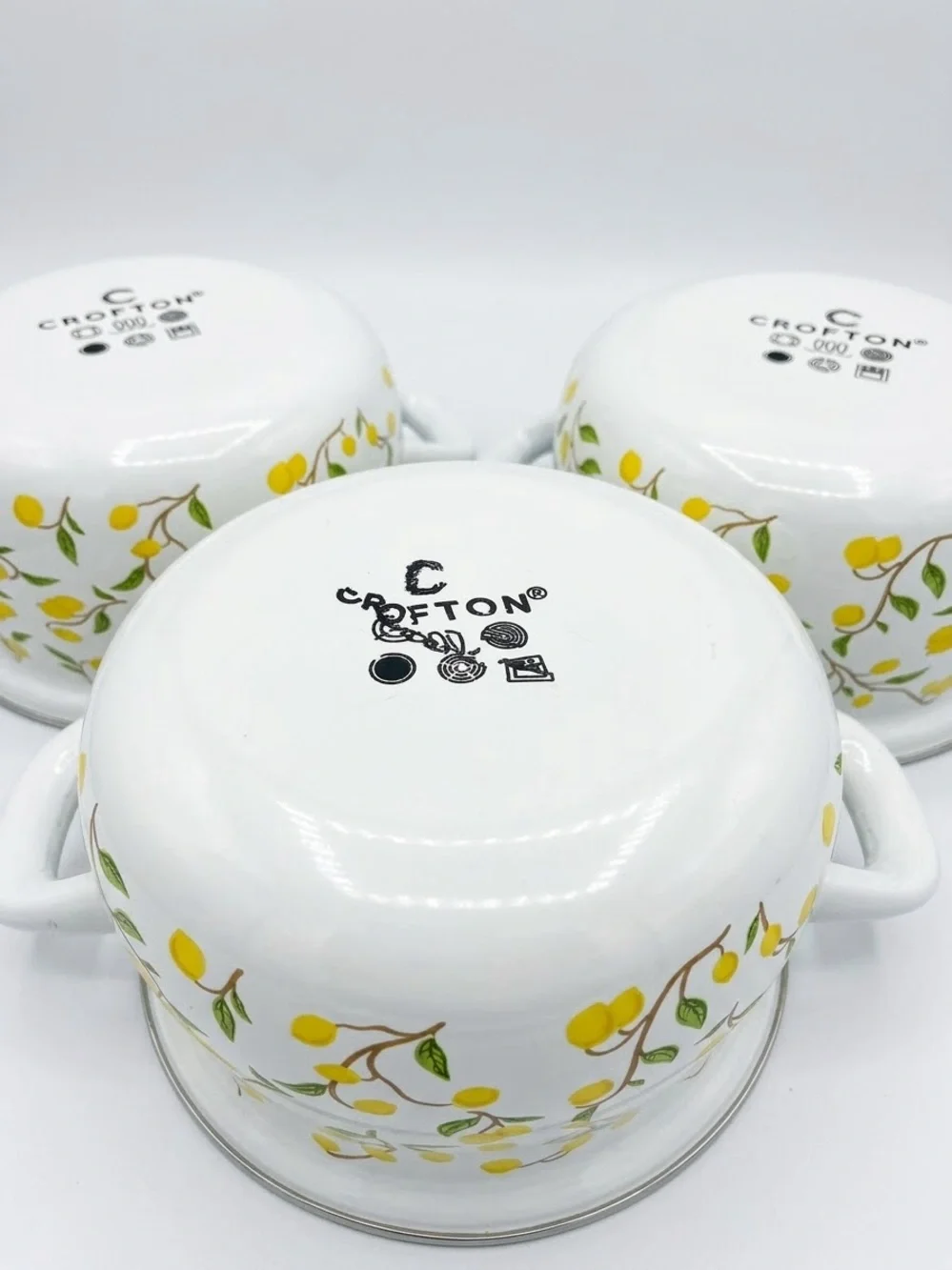 Lot Of  3 Crofton 1 -Quart Lemon  Enamelware Double Handle W/Lid